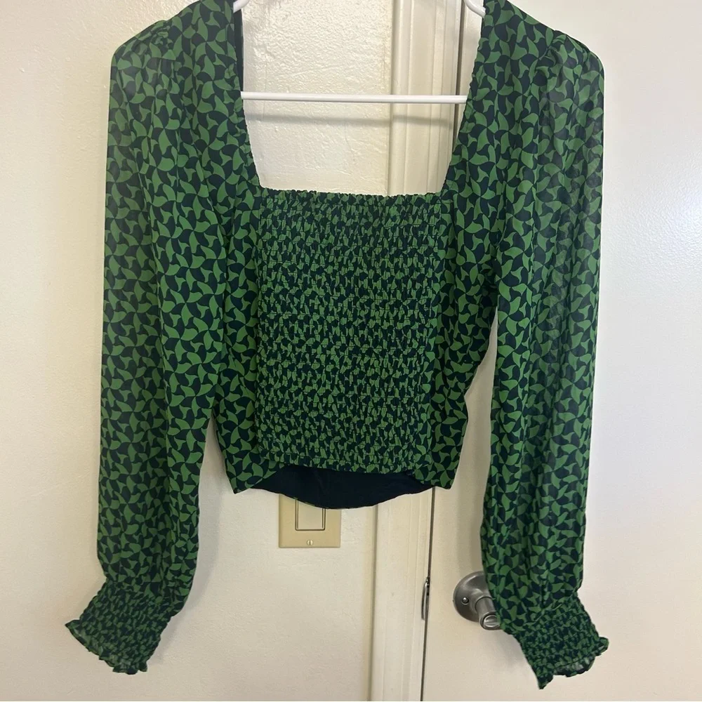 Abercrombie & Fitch Sweethearts Puff Sleeve Cropped Blouse Green Print Small